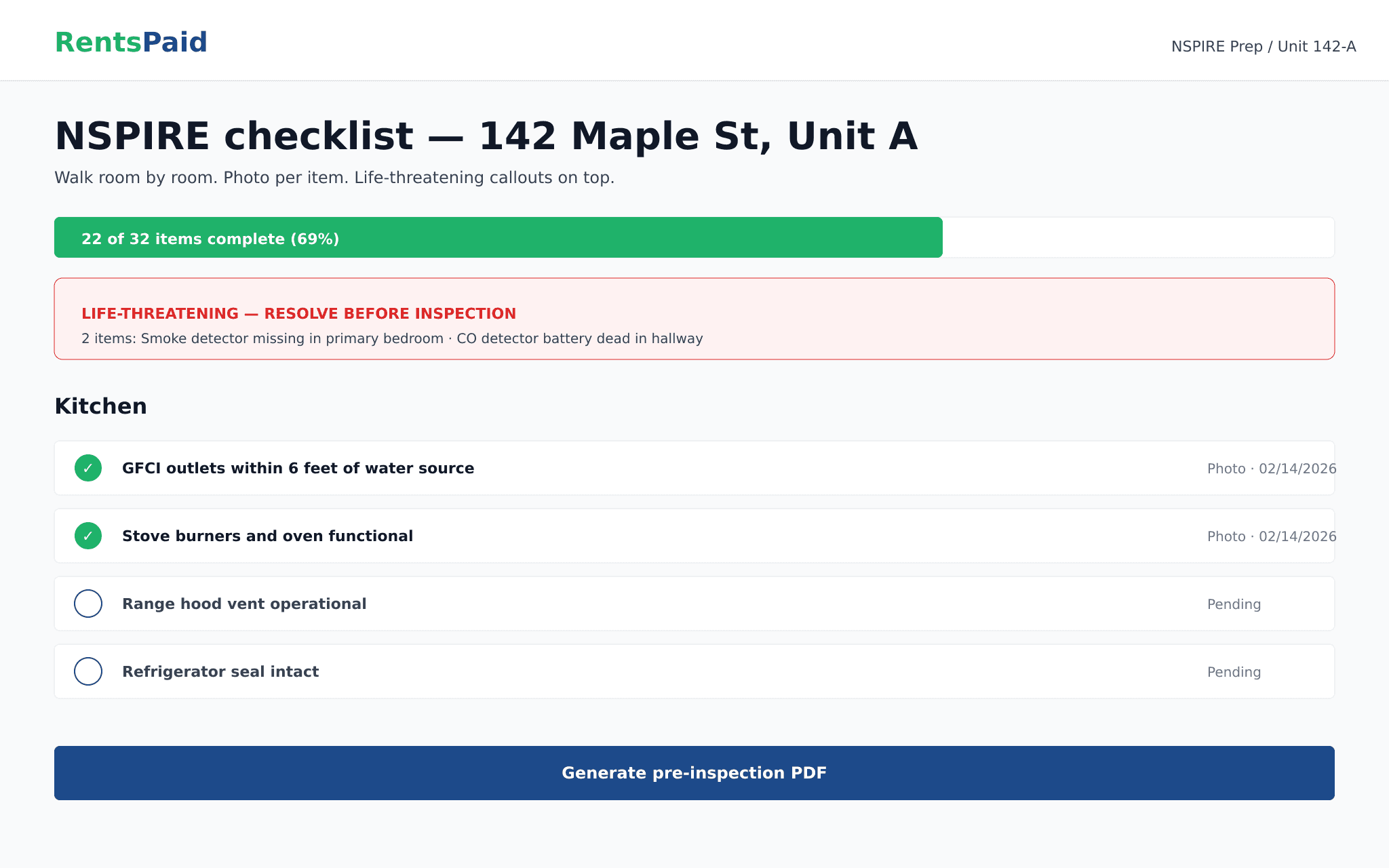 RentsPaid NSPIRE inspection prep checklist showing room-by-room categories